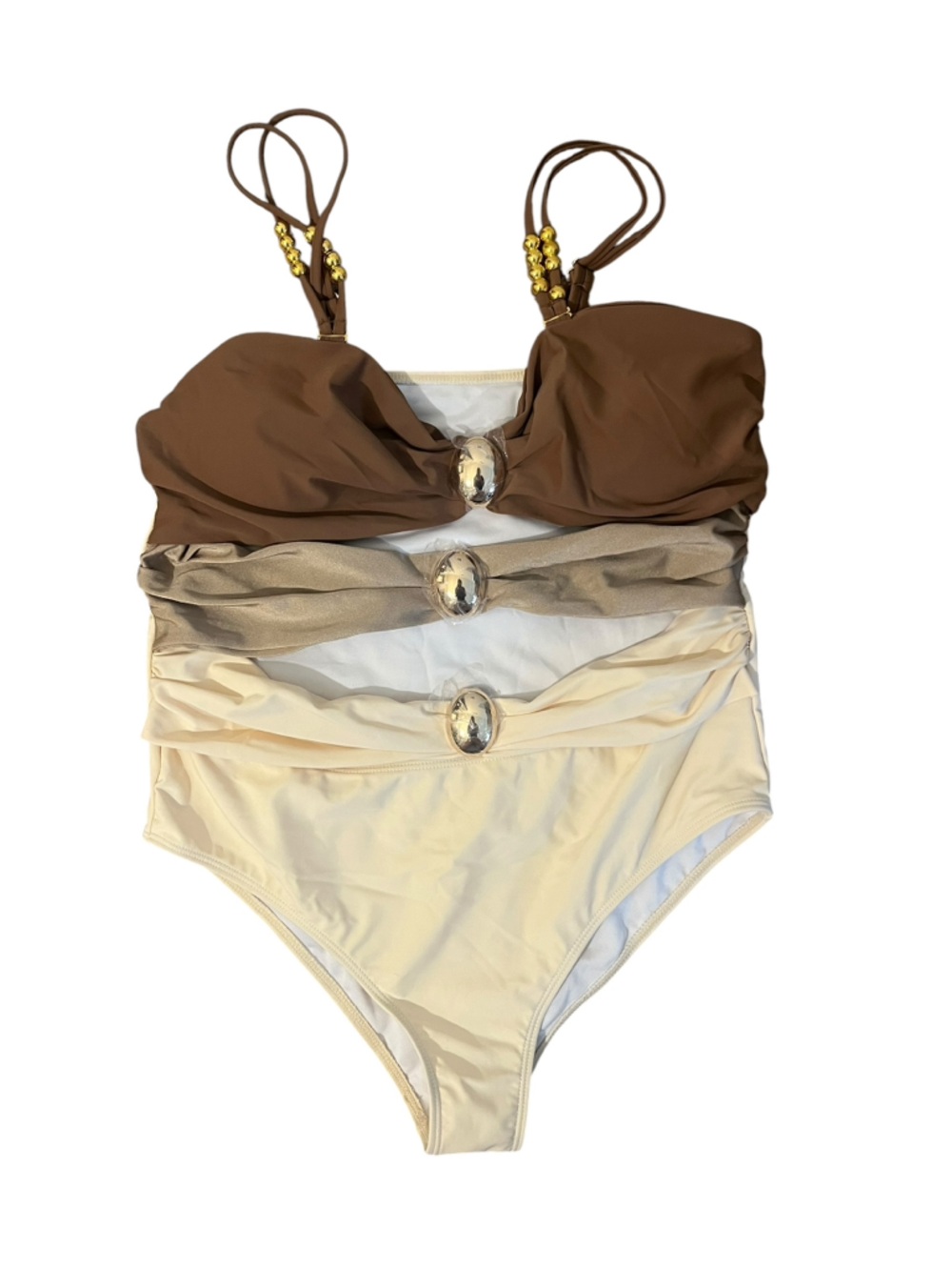 SHEIN Brown, Taupe & Cream One-Piece Swimsuit with Decorative Rings - Picture 2 of 5